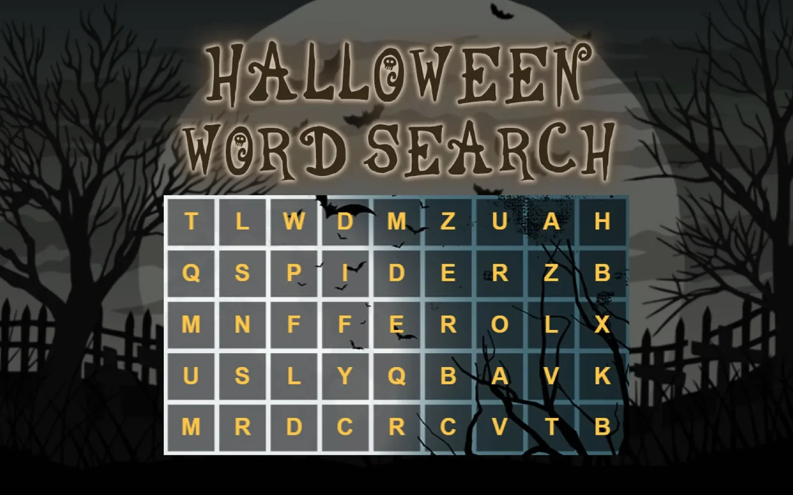 Halloween Word Search — a grid of letters to search